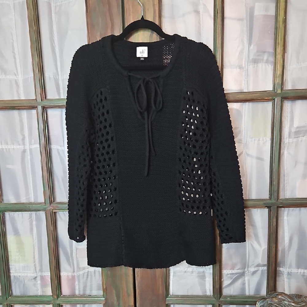Cabi Black Beachcomber Sweater With A Tie-neck Tunic Pullover Style
